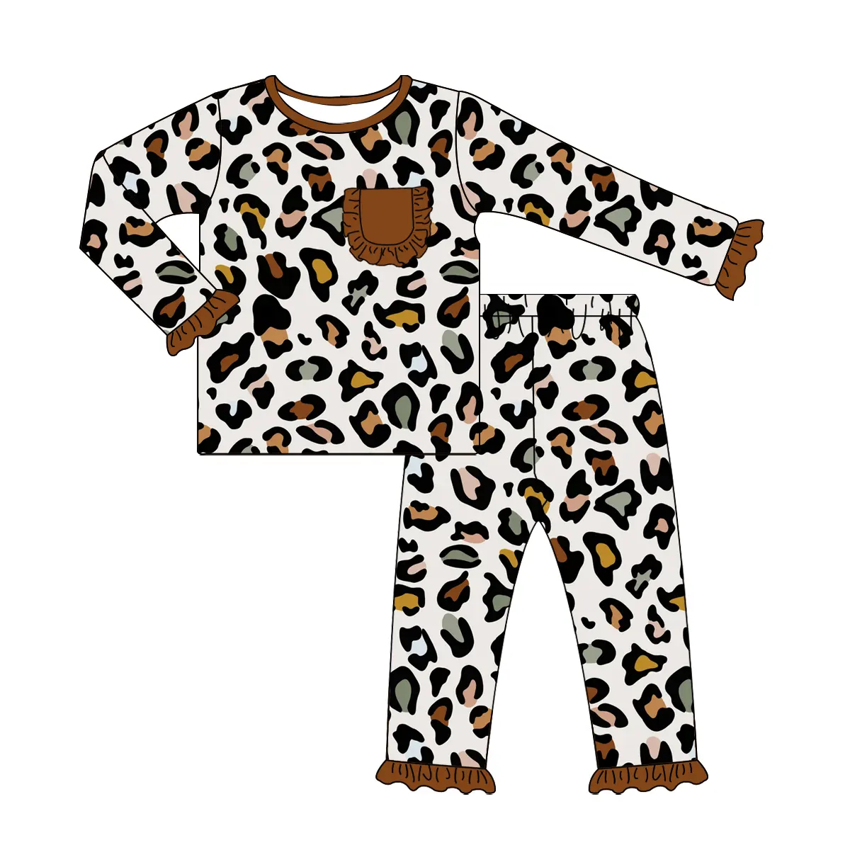 Custom moq 3 eta 7/8week moq 5 eta /4/5week Colorful leopard print dark brown ruffled cuffs long sleeve dress