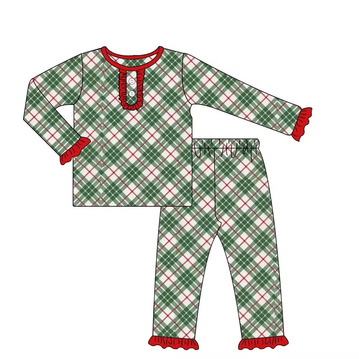 Custom moq 3 eta 6-8weeks Red ruffled cuffs and green line plaid long sleeve suit