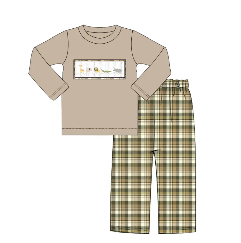 Custom moq 3 eta 7/8week moq 5 eta /4/5week Animal Print Light Brown Long Sleeve Top - Brown Green Plaid Pants Set
