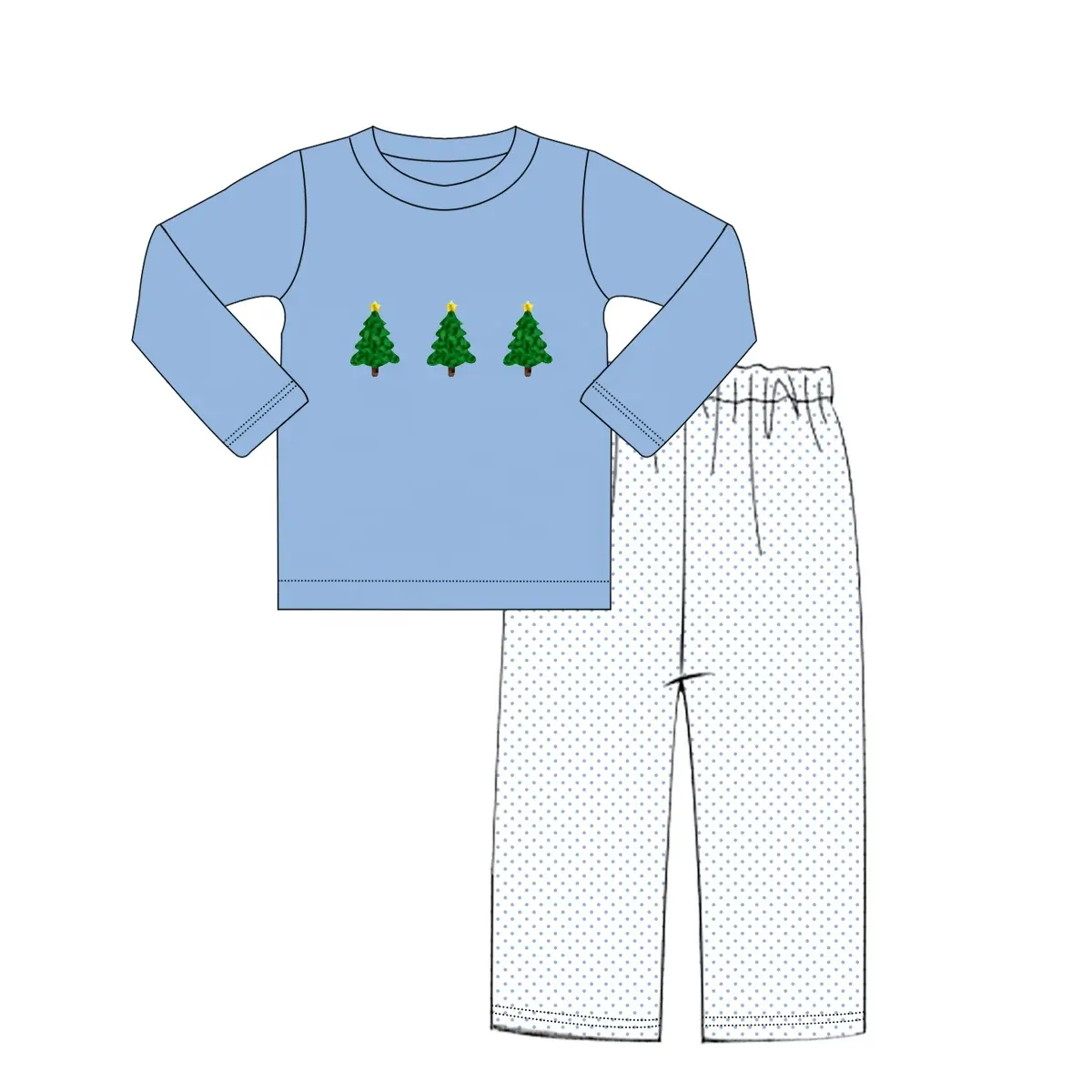 Custom moq 3 eta 7/8week moq 5 eta /4/5week Embroidered Christmas Tree Sky Blue Long Sleeve Top & White Polka Dot Pants Set