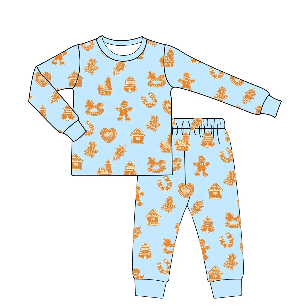 Custom moq 3 eta 6-8 weeks Brown Biscuit Bear-House-Heart Pattern Blue Long Sleeve Suit