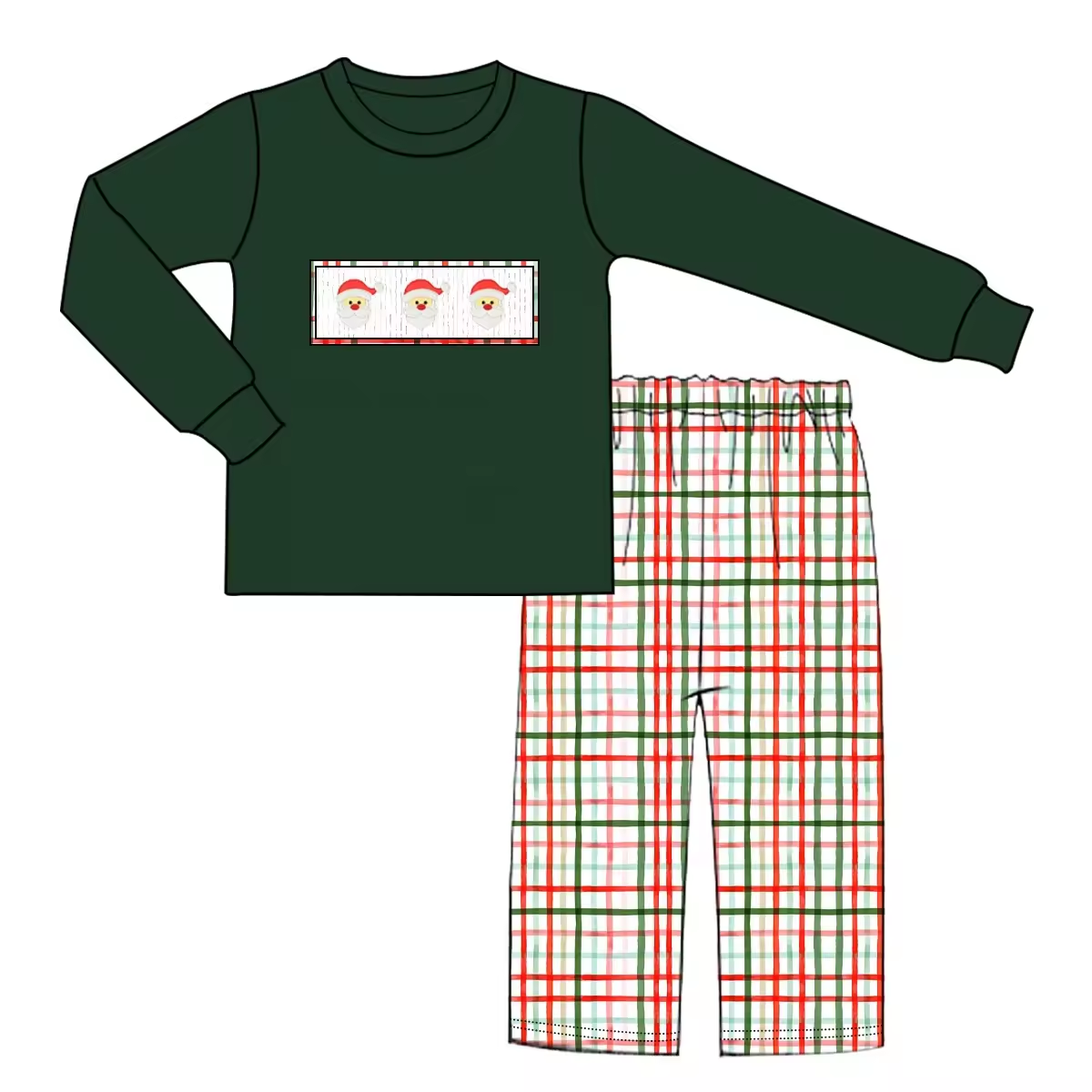 Custom moq 3 eta 6-8 weeks Santa Claus Embroidery Dark Green Long Sleeve Top and Red-Green-Blue Striped Plaid Pants Set