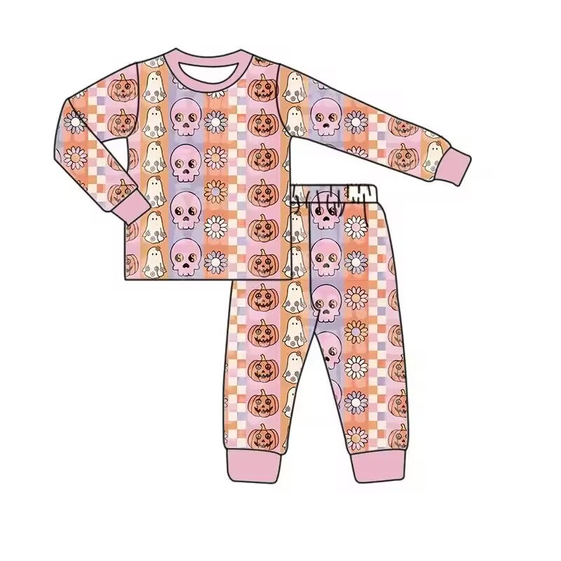 Custom moq 3 eta 6-8weeks Pink ghost head-chrysanthemum-pumpkin pattern pink vertical stripes long sleeve suit