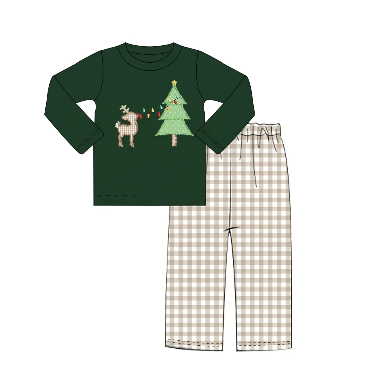 Custom moq 3 eta 7/8week moq 5 eta /4/5week Embroidered Christmas Tree and Elk Dark Green Long Sleeve Top & Brown and White Plaid Pants Set