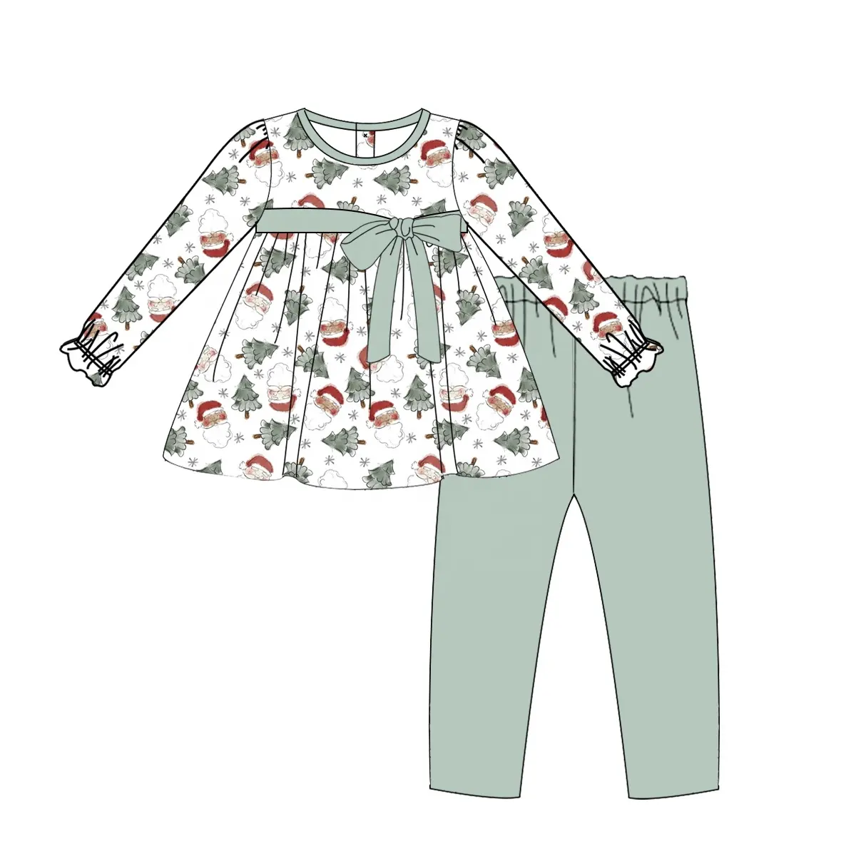 Custom moq 3 eta 7/8week moq 5 eta /4/5week Gray Green Christmas Tree & Santa Claus Bow White Long Sleeve Gray Green Pants Set