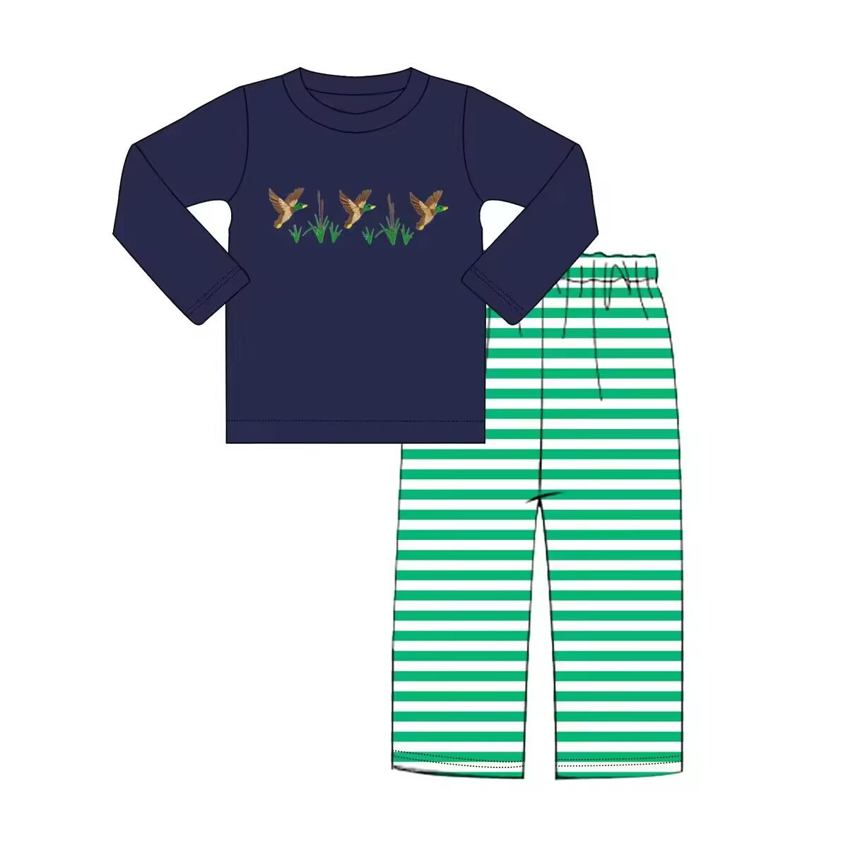 Custom moq 3 eta 6-8 weeks Embroidered flying duck navy blue long-sleeved top-green striped trousers long-sleeved suit