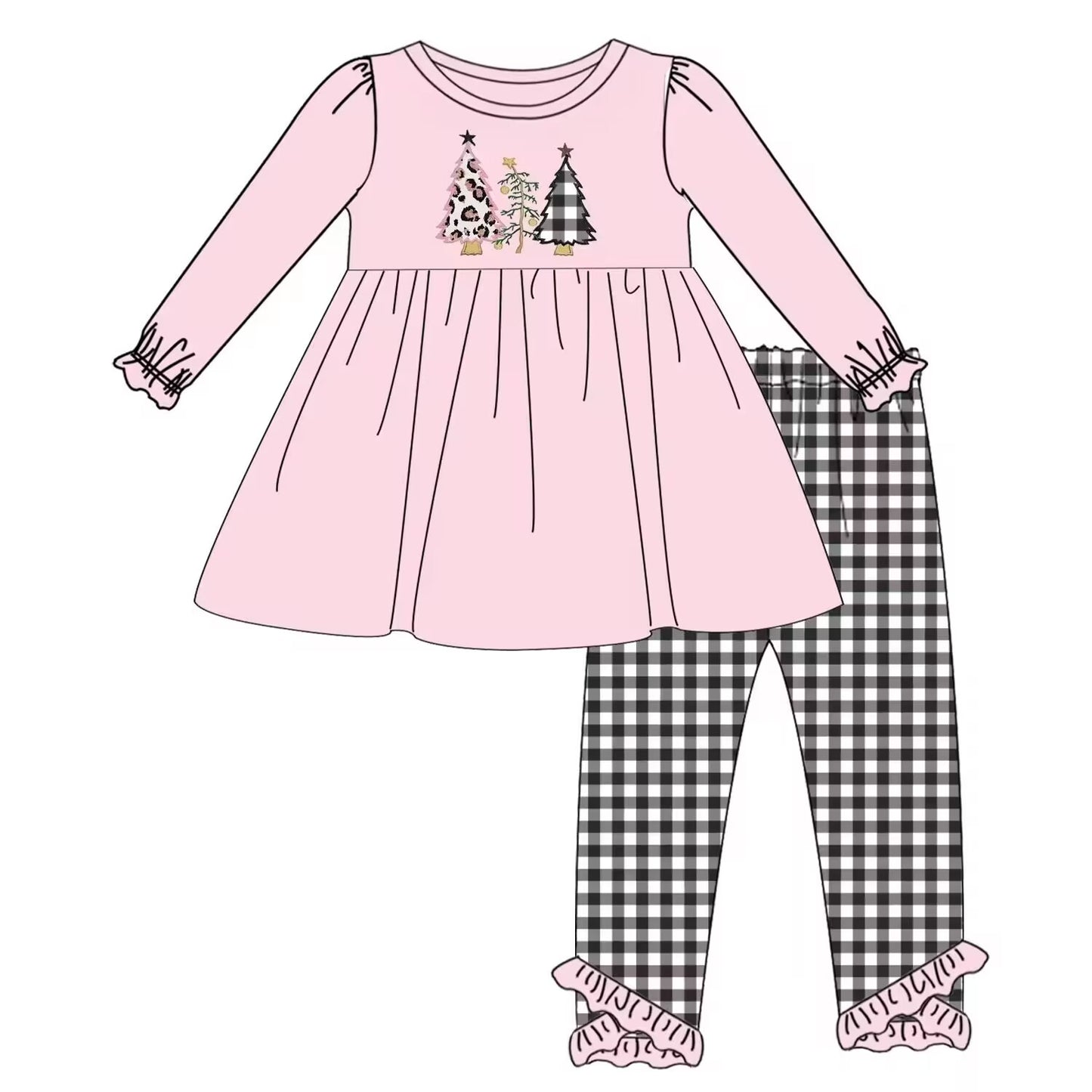 Custom moq 3 eta 6-8weeks Pink pine tree embroidered lantern sleeve top and black and white plaid trousers set