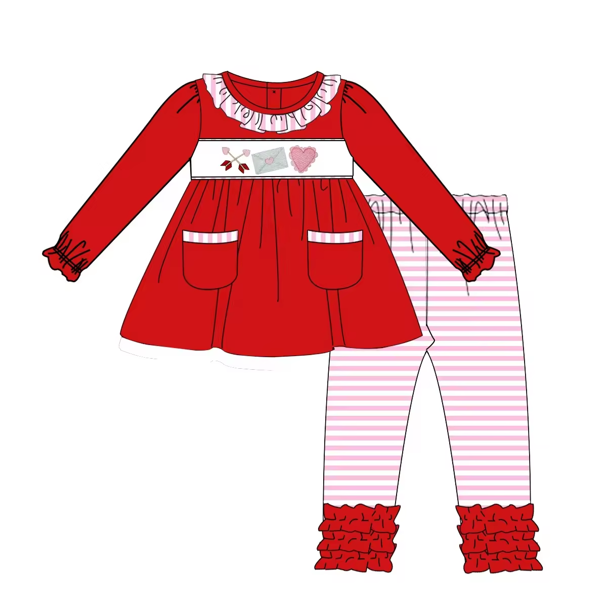 Custom moq 3 eta 6-8weeks Embroidered Heart Arrow-Envelope Ruffle Neck Long Sleeve Top-Pink Striped Pants Set (With Pocket Style)
