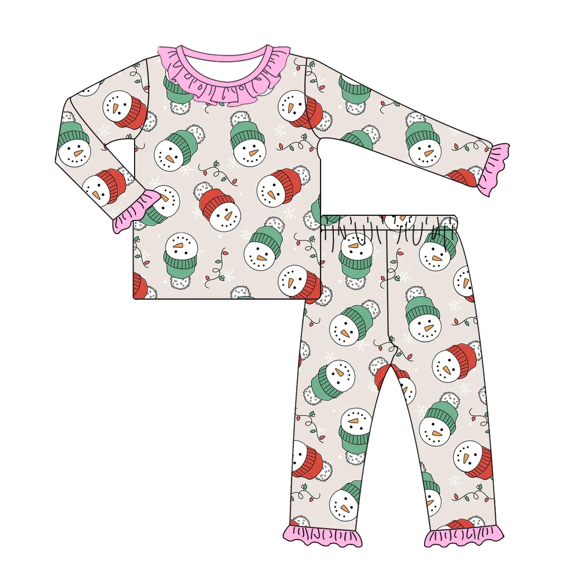 Custom moq 3 eta 6-8 weeks Green-Red Hat Snowman Pattern-Pink Ruffled Cuffs Long Suit