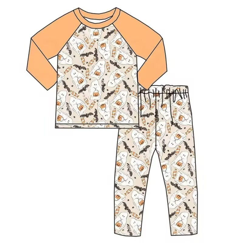 Custom moq 3 eta 7/8week moq 5 eta /4/5week Pumpkin Imp Bat-Through Pattern Light Orange Long Sleeve Set