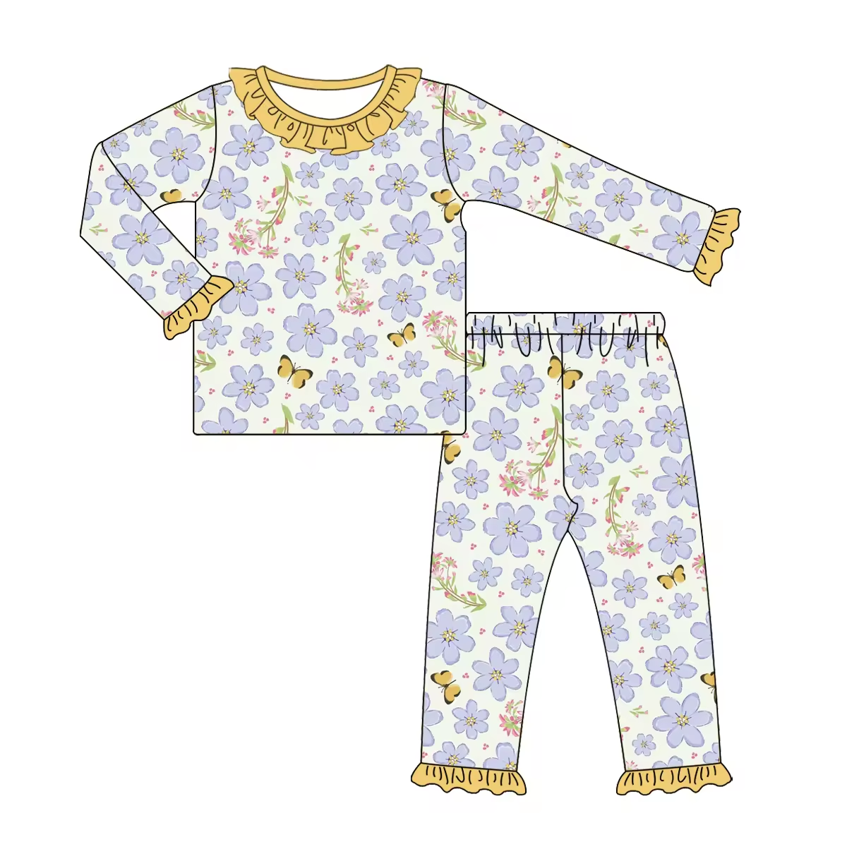 Custom moq 3 eta 6-8 weeks Light purple flower yellow pleated loose cuffs mint green long sleeve suit