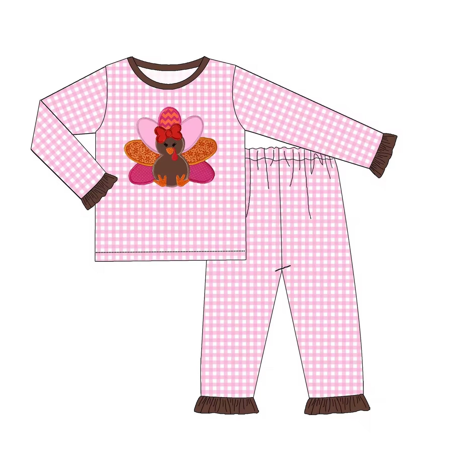 Custom moq 3 eta 6-8weeks Pink Plaid Embroidered Turkey Ruffled Cuffs Long Sleeve Suit