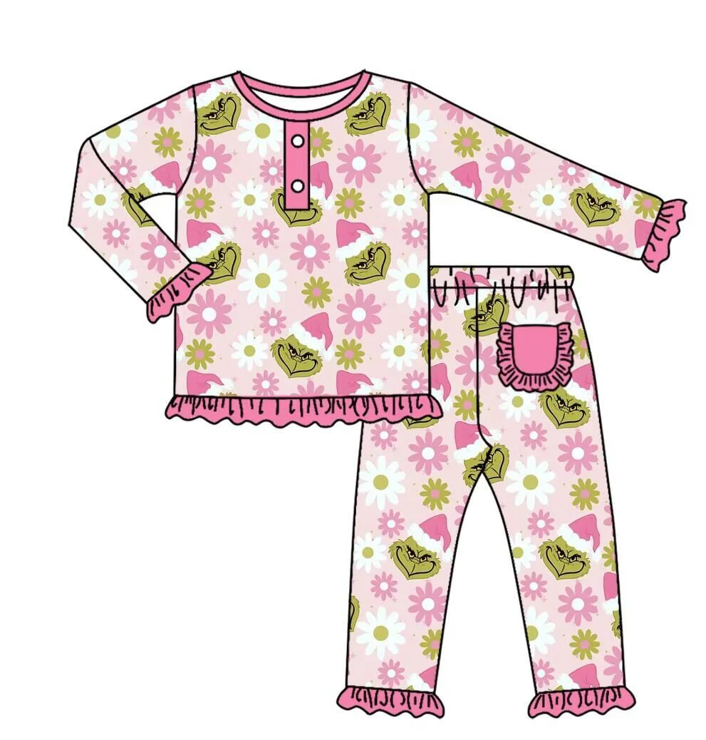 Custom moq 3 eta 6-8weeks Pink Daisy-Sharp Mouth Ruffled Cuff Long Sleeve Suit