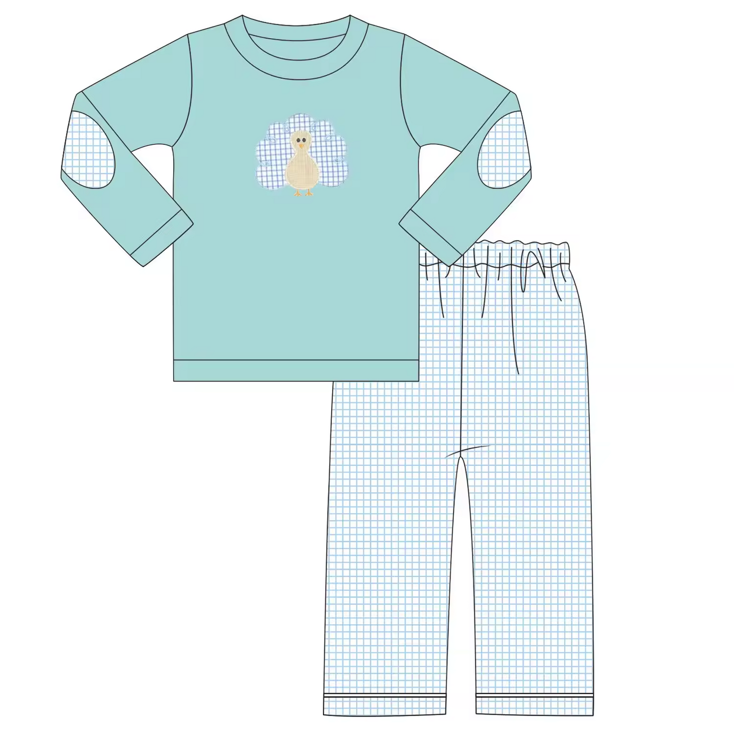 Custom moq 3 eta 6-8weeks Embroidered Turkey Light Lake Blue Long Sleeve-Blue Small Plaid Pants Set