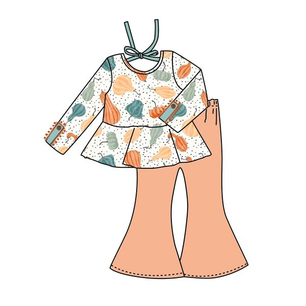 Custom moq 3 eta 6-8weeks Pumpkin Polka Dot Long Sleeve Top with Back Tie-Back - Orange Flared Pants Set