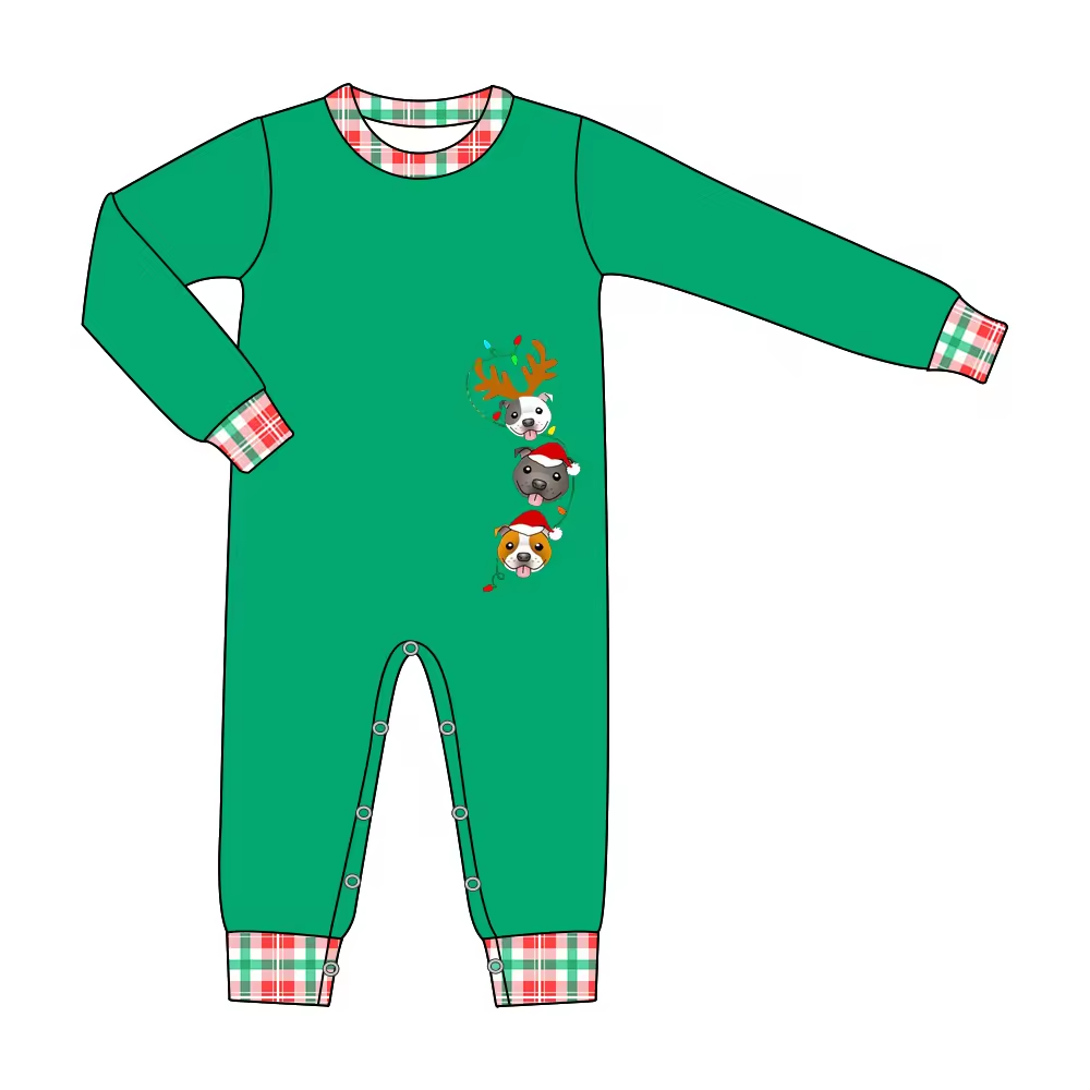 Custom moq 3 eta 6-8 weeks Christmas Puppy Plaid Crewneck-Elastic Cuffs Green Long Climbing Suit