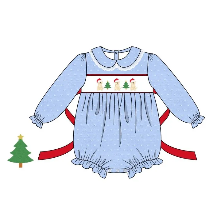 Custom moq 3 eta 6-8 weeks Embroidered Puppy Christmas Tree Pattern - Blue Hollow Lace Trim Baby Collar Long Sleeve Climbing Suit