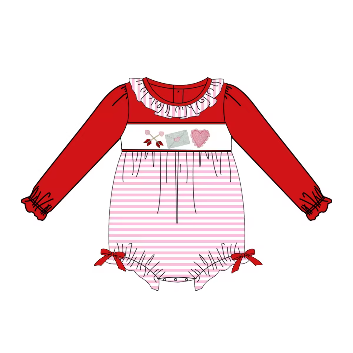 Custom moq 3 eta 6-8 weeks Embroidered Love Arrow-Envelope Ruffled Neck Long Sleeve Top-Pink Striped Long Sleeve Shorts Jumpsuit
