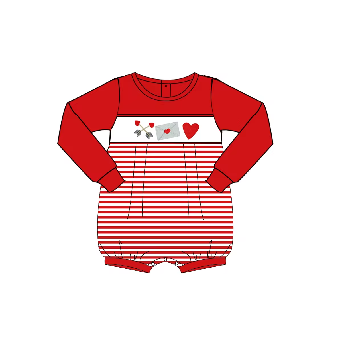 Custom moq 3 eta 6-8 weeks Embroidered Love Arrow-Envelope Long Sleeve Top-Red Striped Long Sleeve Shorts Jumpsuit
