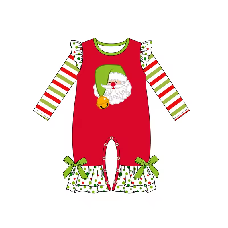 Custom moq 3 eta 6-8 weeks Red Bell Santa Striped Ruffle Sleeve Bodysuit