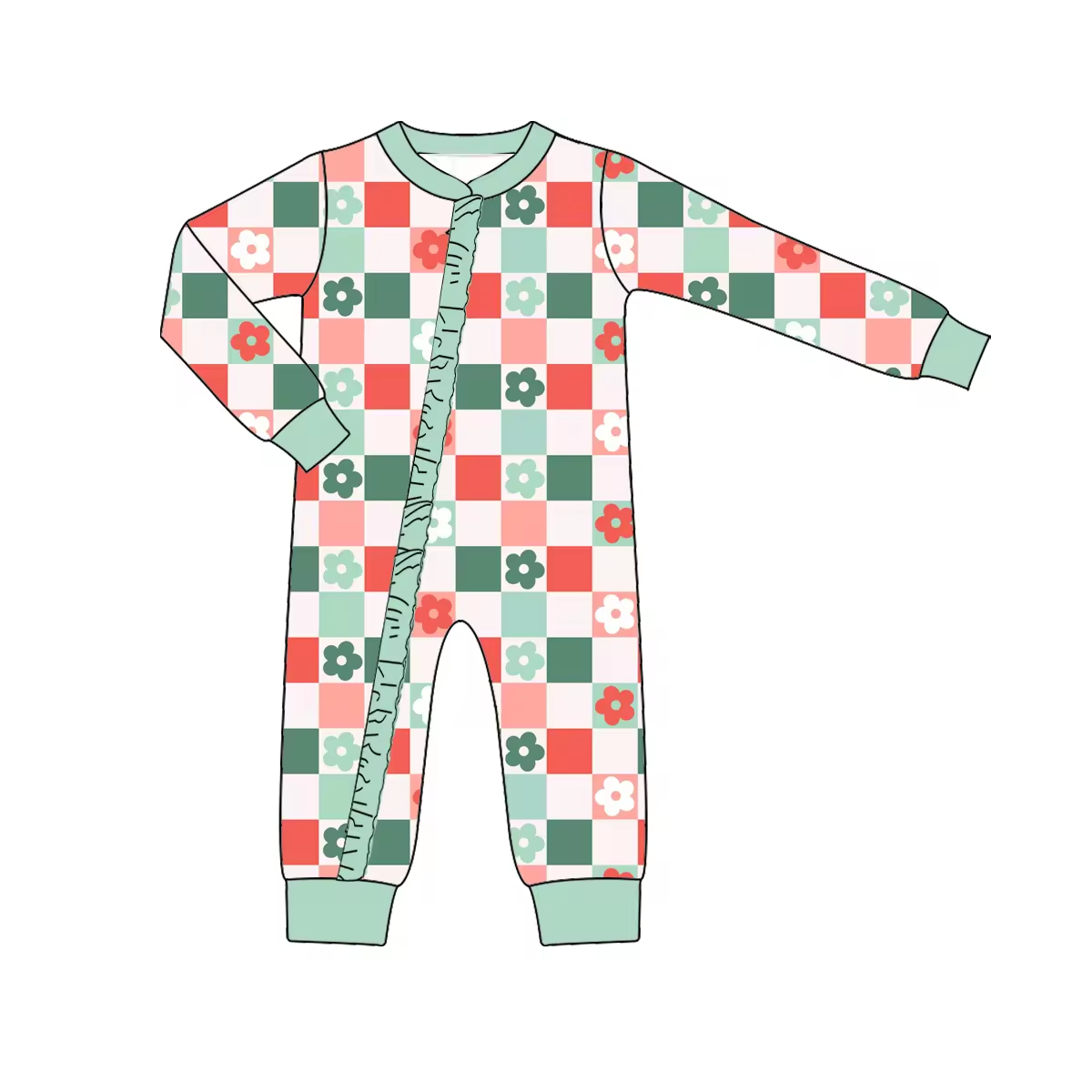 Custom moq 3 eta 6-8 weeks Red-green-pink-beige four-color plaid floral ruffled lace long-sleeved zip-up romper