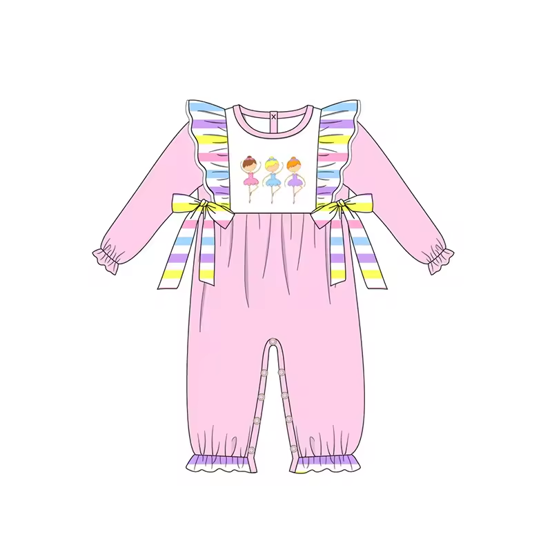 Custom moq 3 eta 6-8 weeks Rainbow Dancing Girls Ruffled Edge Bow Pink Long Bodysuit