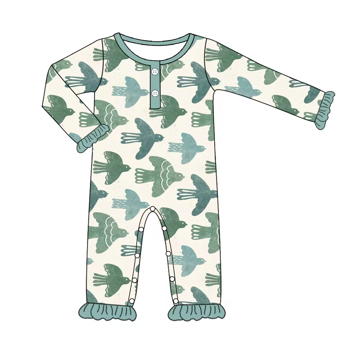 Custom moq 3 eta 6-8 weeks Green Bird Lace Cuff Long Romper