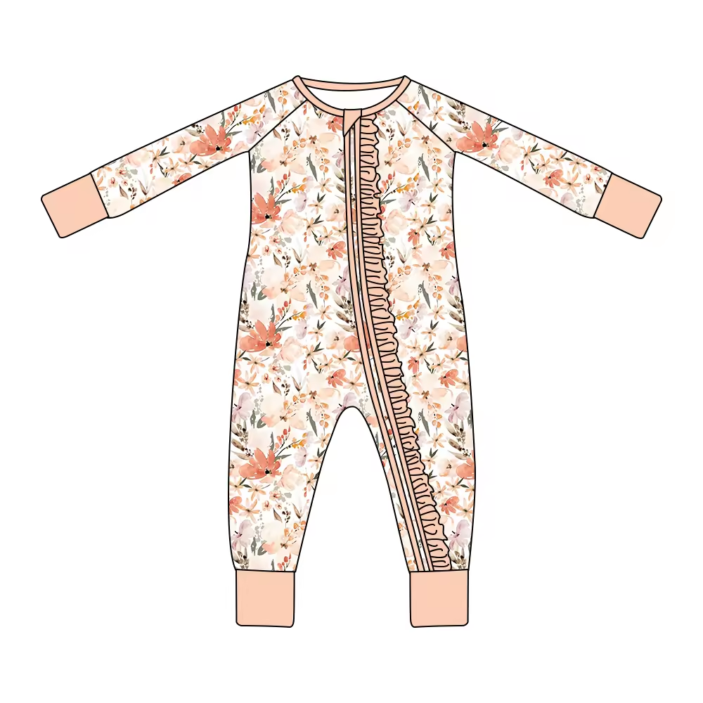 Custom moq 3 eta 6-8 weeks Small floral light orange pleated edge zipper long romper