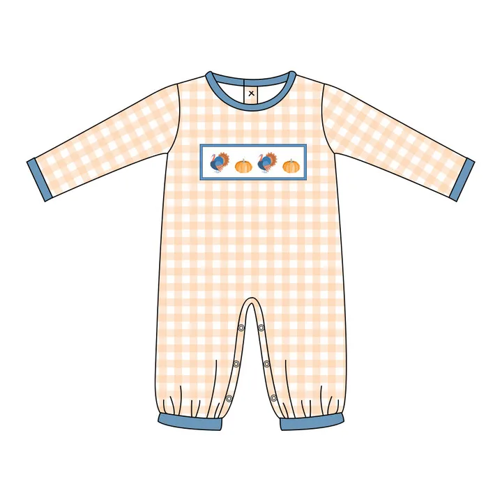 Custom moq 3 eta 6-8 weeks Turkey Pumpkin Crewneck Orange Plaid Long Romper