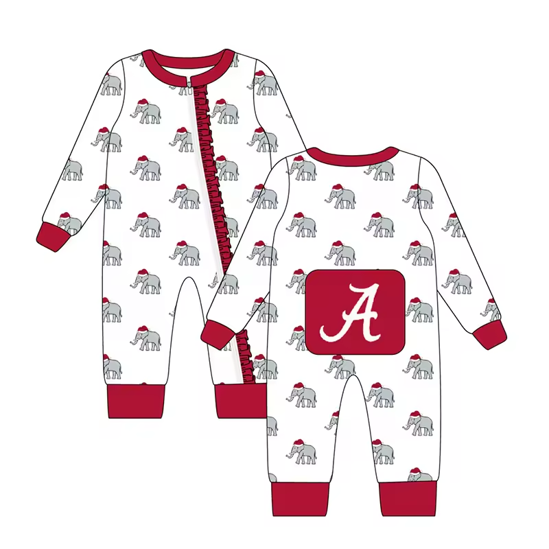 Custom moq 3 eta 6-8 weeks Christmas Elephant Red Ruffled Zipper Romper