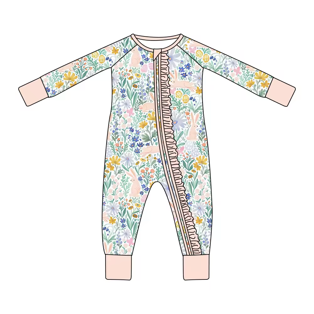 Custom moq 3 eta 6-8 weeks Wildflower Bunny Mixed Color Ruffled Edge Zipper Long Romper