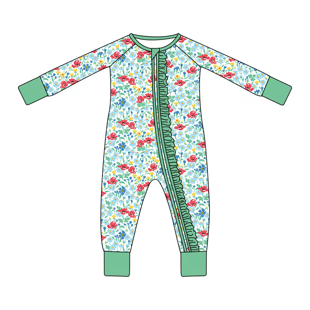 Custom moq 3 eta 6-8 weeks Little Red Flower Green Grass Ruffled Edge Zipper Long Climbing Dress