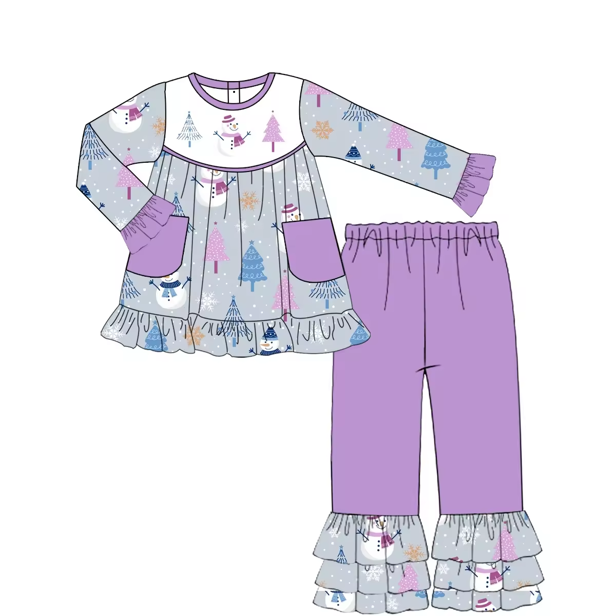 Custom moq 3 eta 6-8weeks Gray Blue Snowman-Pine Purple Ruffled Cuff Pocket Long Sleeve Top-Purple Pants Set