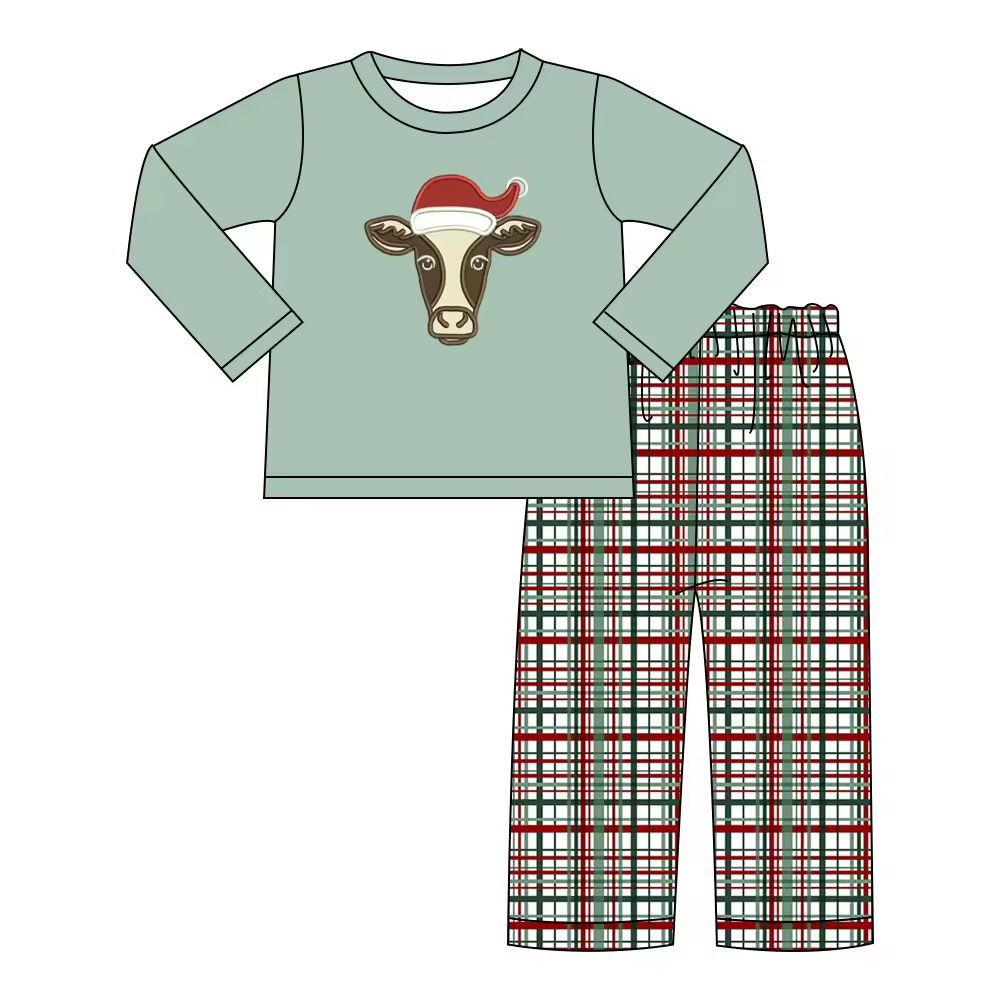 Custom moq 3 eta 6-8weeks Gray Green Bull Head Pattern Round Neck Long Sleeve Suit