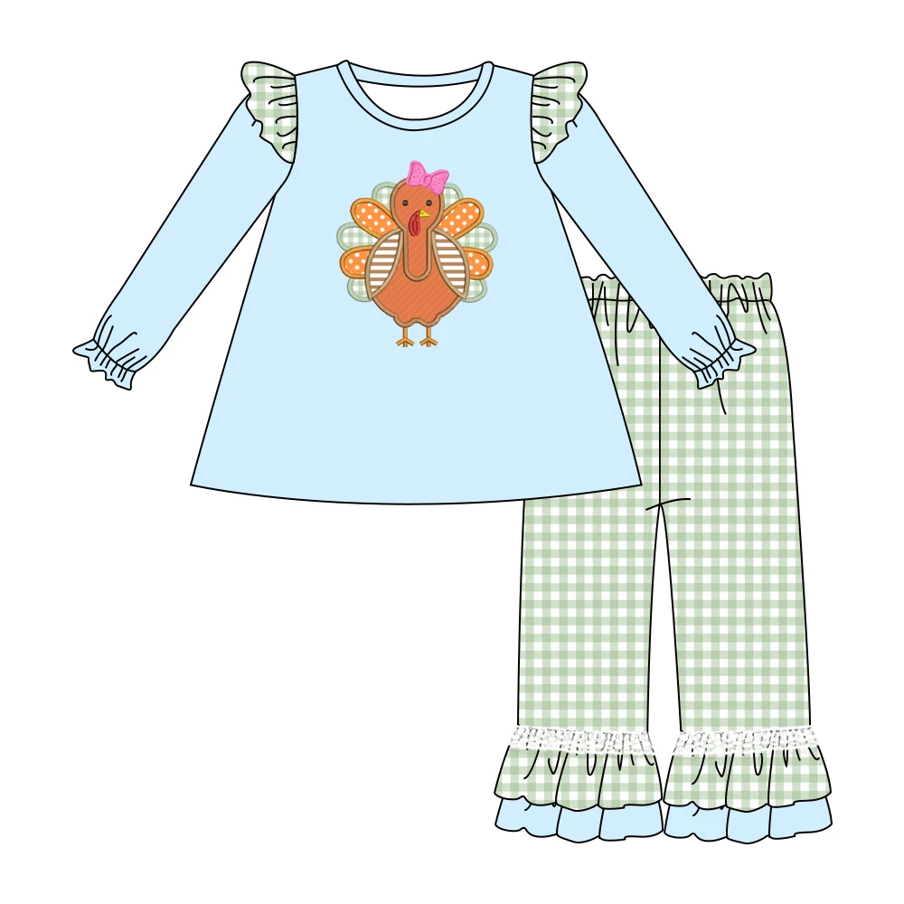 Custom moq 3 eta 6-8weeks Embroidered Turkey Ruffle Shoulder Light Blue Long Sleeve Top - Green Plaid Pants Set