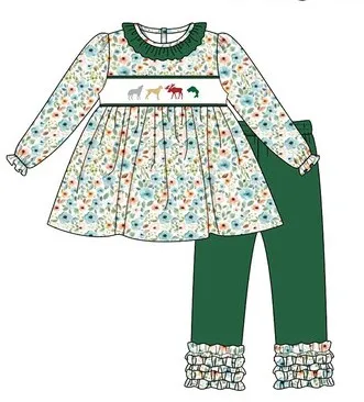Custom moq 3 eta 6-8weeks Embroidered Animal Green Pleated Neckline Small Flower Long Suit
