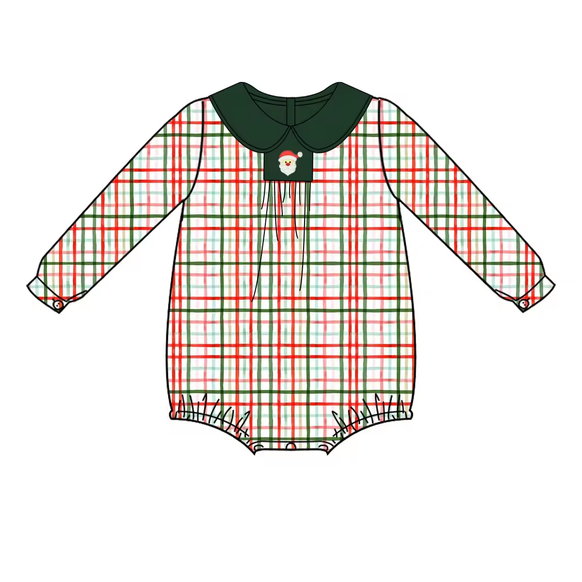 Custom moq 3 eta 6-8 weeks Red-green-blue line plaid dark green baby collar long-sleeved shorts one-piece romper