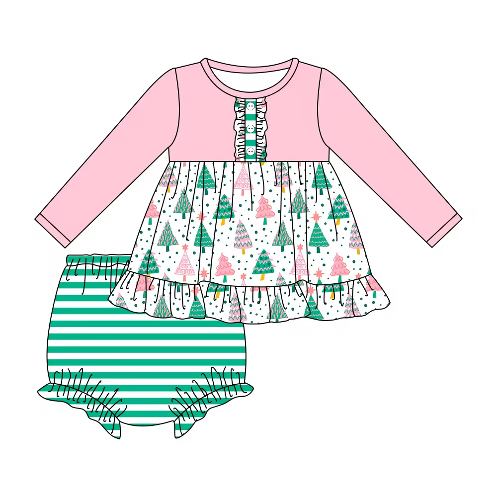 Custom moq 3 eta 6-8 weeks Pink Polka Dot Christmas Tree Long Sleeve Top-Green Striped Shorts Set