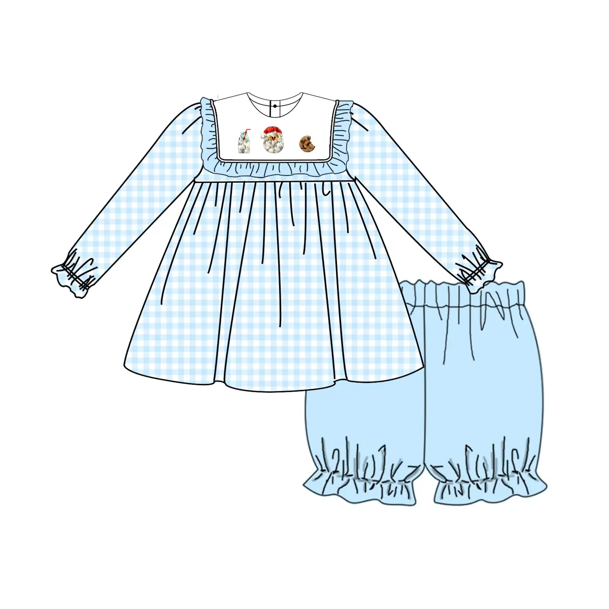 Custom moq 3 eta 6-8 weeks Milk Cookies Pattern Ruffle Square Neck Sky Blue Plaid Long Sleeve-Shorts Set