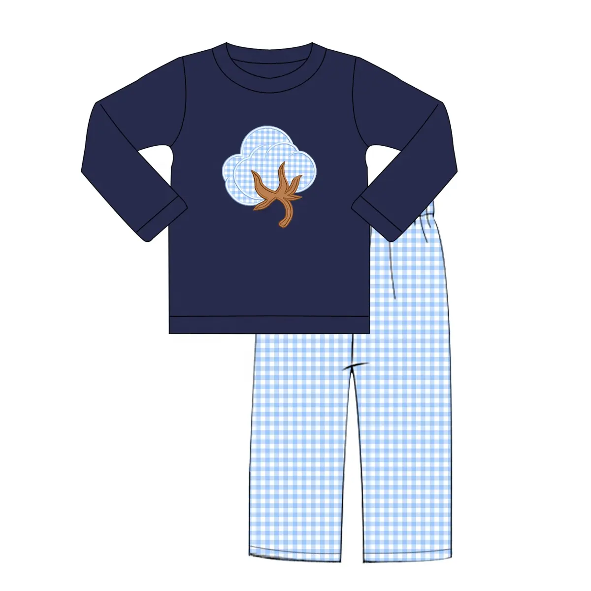 Custom moq 3 eta 7/8week moq 5 eta /4/5week Embroidered blue plaid cloud tree pattern navy blue long-sleeved top & blue plaid trousers set