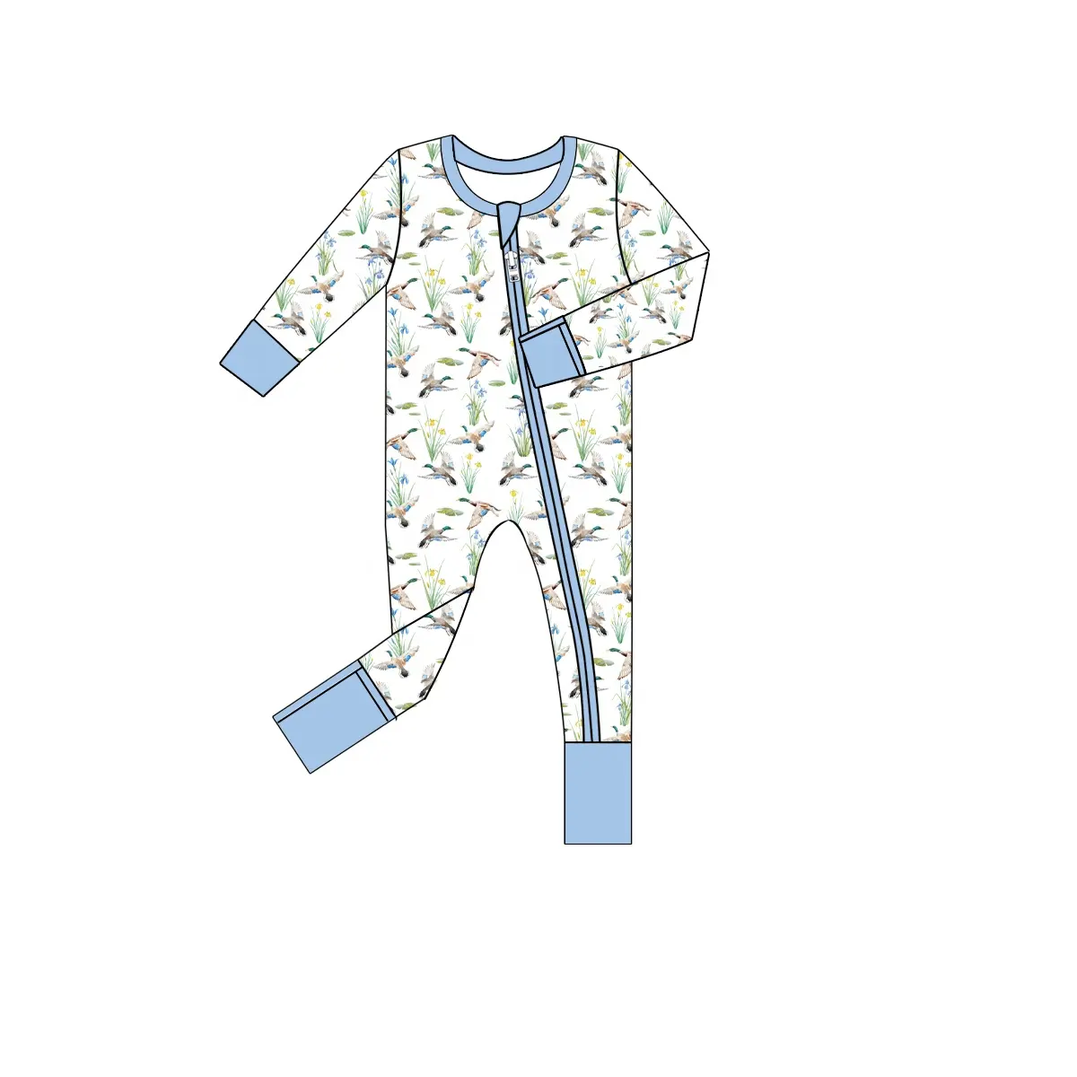Custom moq 3 eta 7/8week moq 5 eta /4/5week Duck & Rice Printed Blue Long Zip-Up Romper