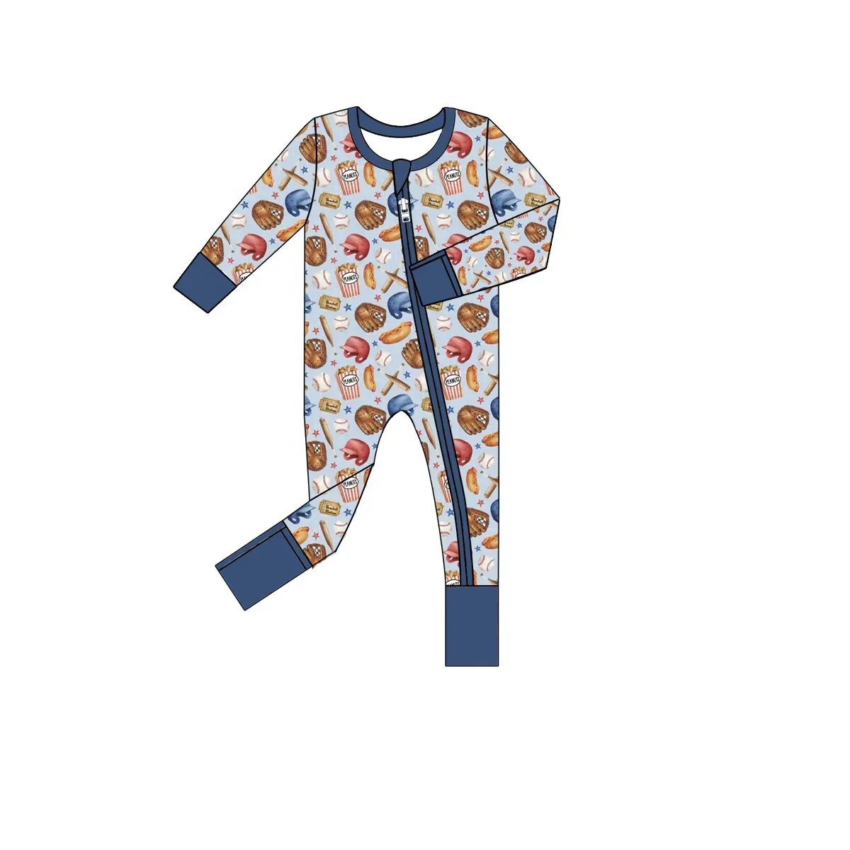 Custom moq 3 eta 7/8week moq 5 eta /4/5week Bread-French-Fries-Baseball Pattern Dark Blue Long Zip-Up Messenger Suit