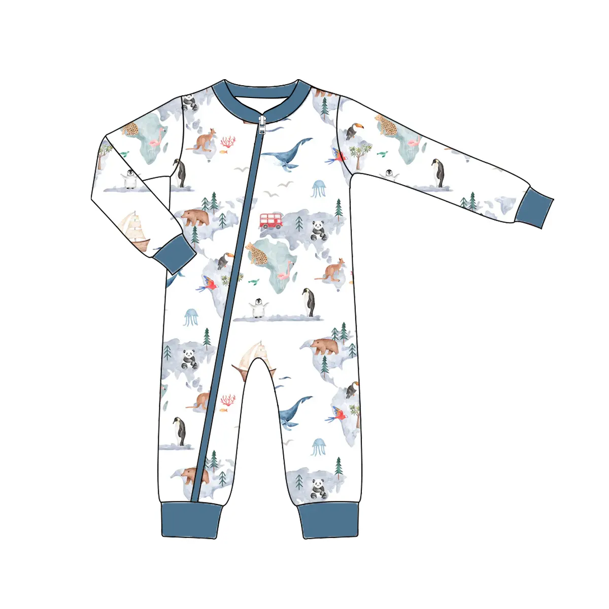 Custom moq 3 eta 7/8week moq 5 eta /4/5week Ink style animal world dark blue long zipper crawling suit