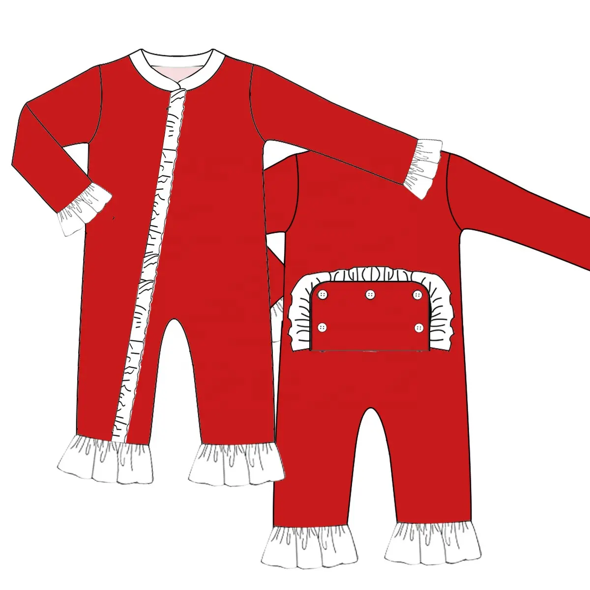 Custom moq 3 eta 7/8week moq 5 eta /4/5week White ruffled cuffs and red hem long zippered romper