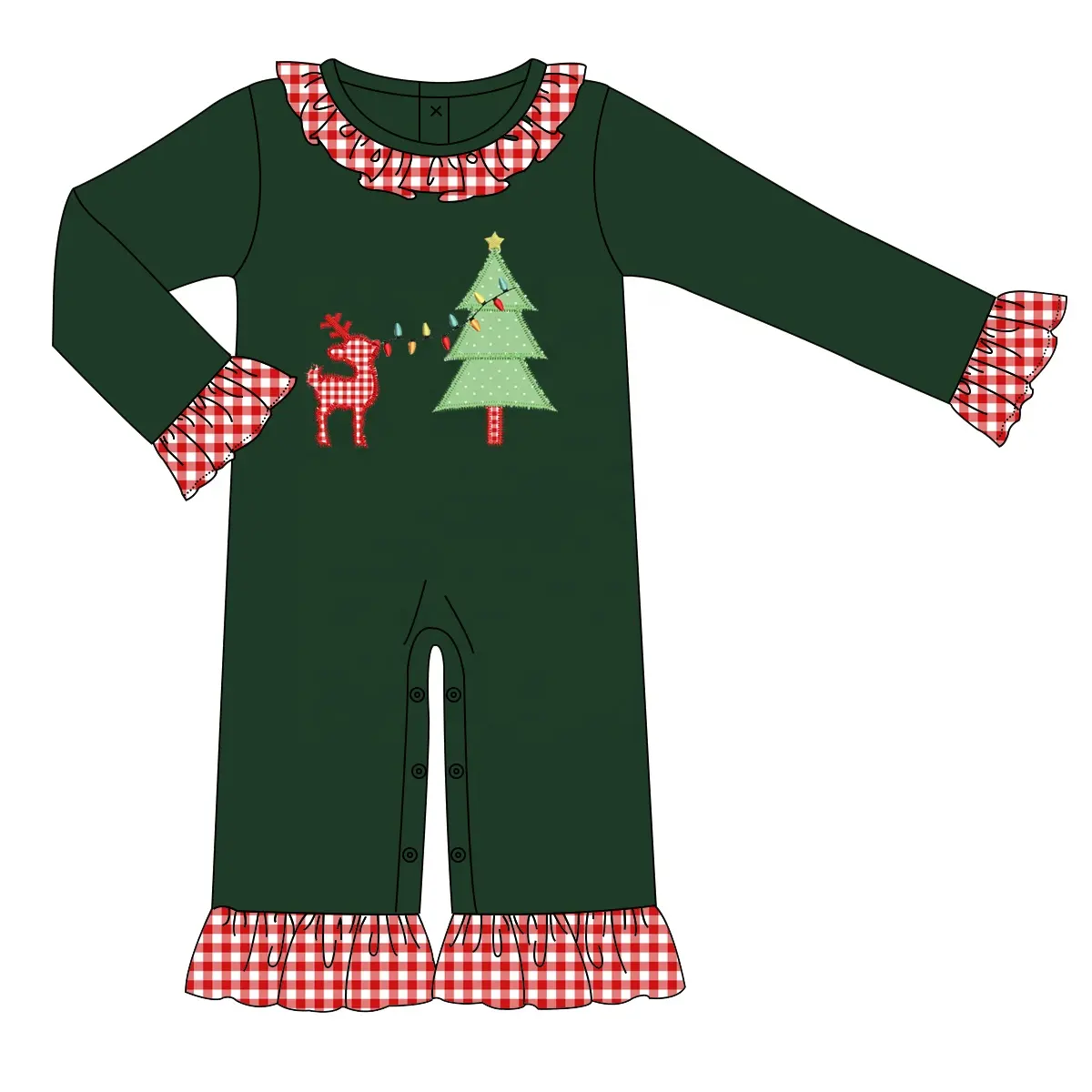 Custom moq 3 eta 7/8week moq 5 eta /4/5week Embroidered Christmas tree elk red plaid pleated loose cuffs dark green long romper