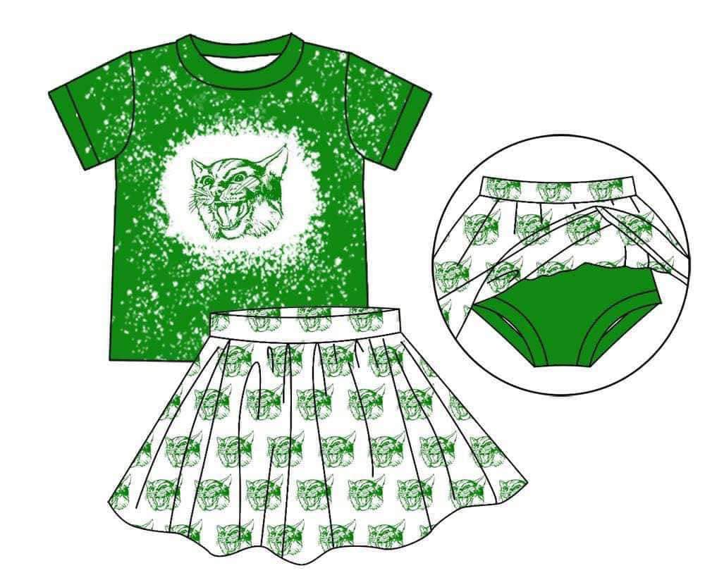 Custom moq 3 eta 6-8weeks White Polka Dot-Cat Head Pattern Green Short Sleeve Miniskirt Suit
