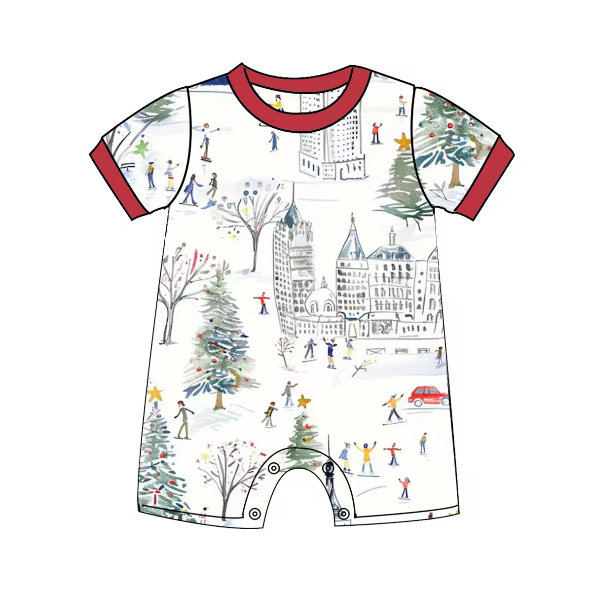 Custom moq 3 eta 6-8weeks Snow World Christmas Tree-Skiing Man Short Sleeve Romper