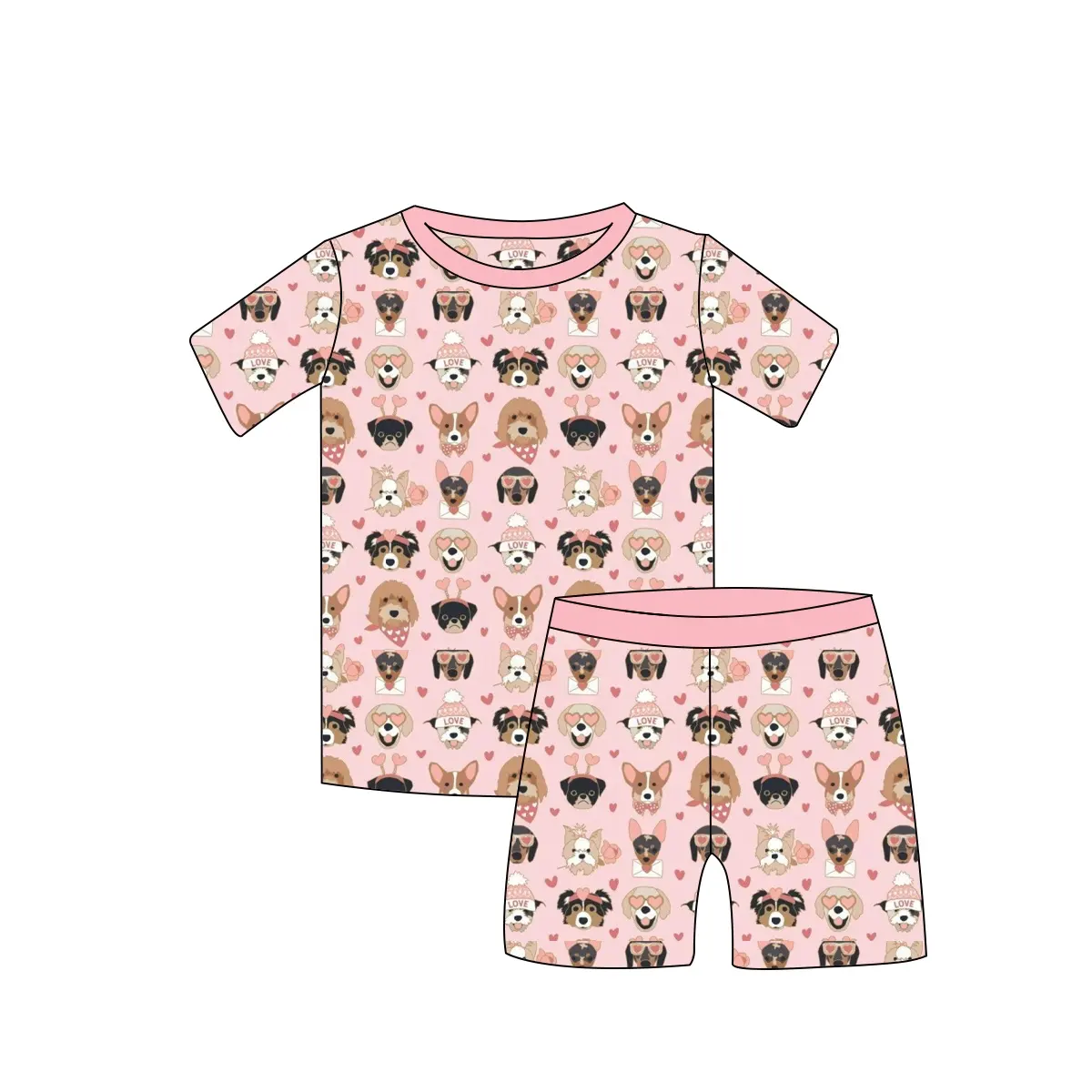 Custom moq 3 eta 7/8week moq 5 eta /4/5week Pink Heart Puppy Short Sleeve Shorts Suit