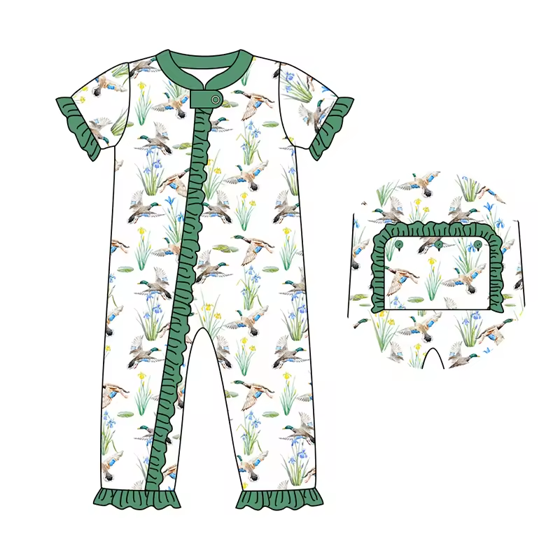 Custom moq 3 eta 6-8 weeks Flying Duck Grass Lace Girls Short Sleeve Romper