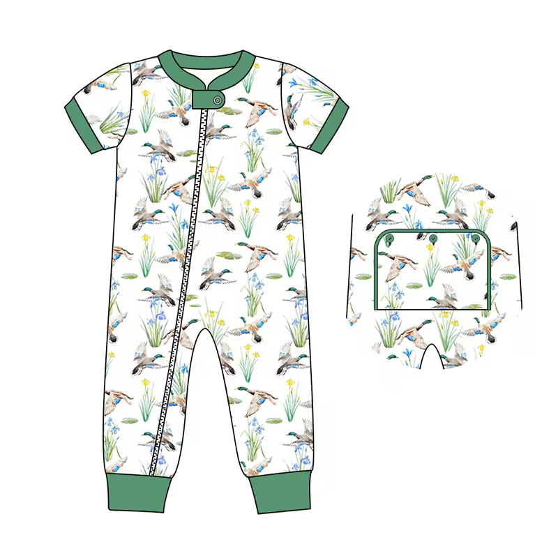 Custom moq 3 eta 6-8 weeks Flying duck grass elastic cuffs boys short sleeve romper